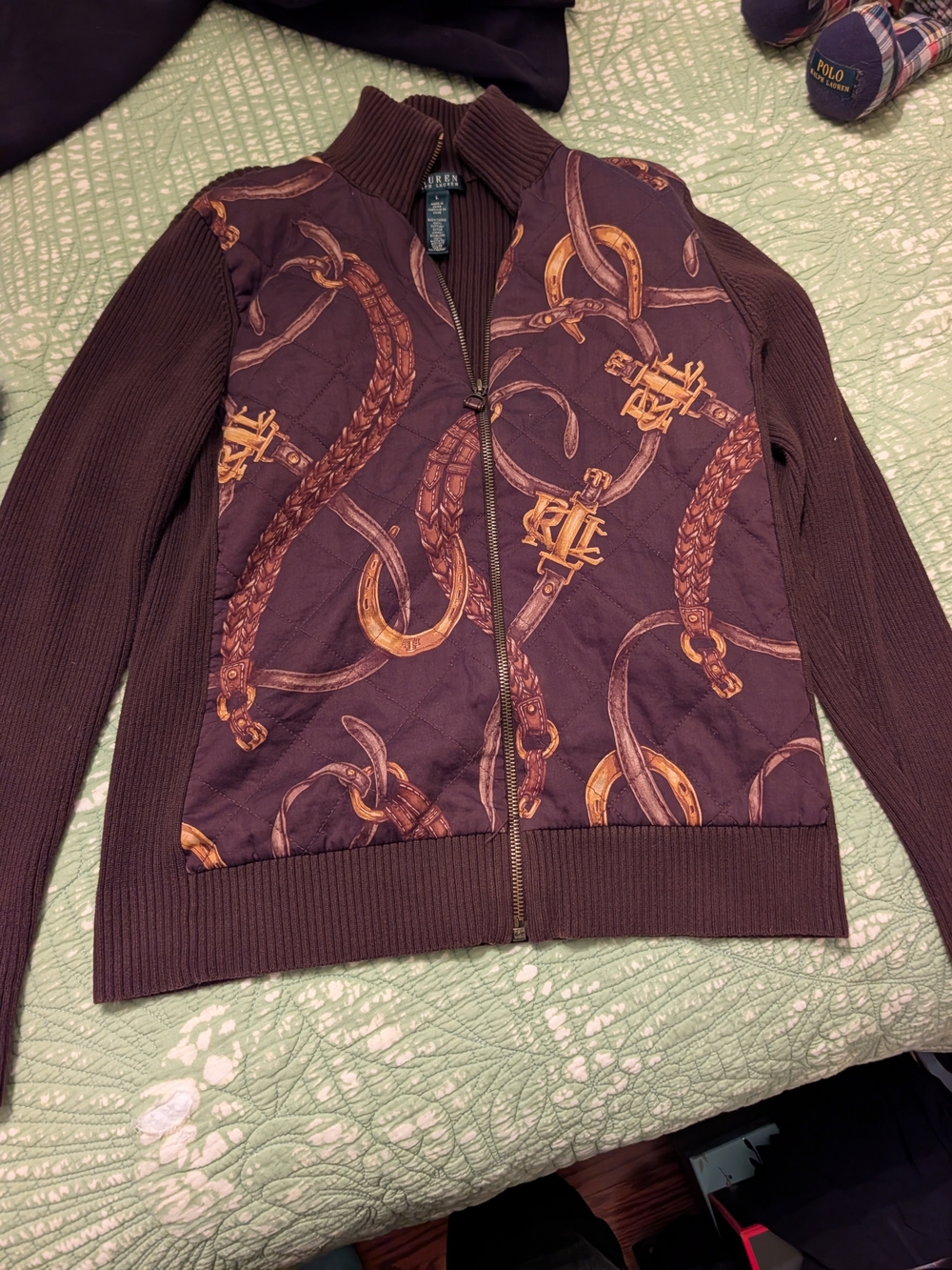 Ralph Lauren Brown Quilted Zip-Up Sweater with Equestrian Print